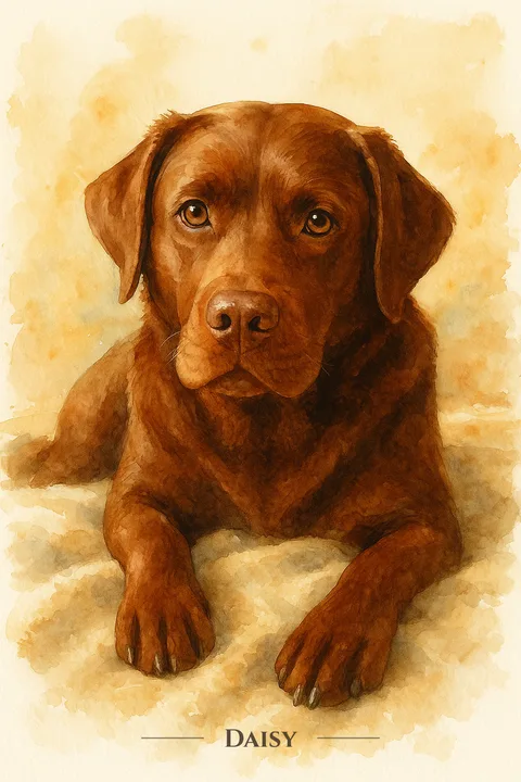 Daisy pet portrait in the Watercolor Classic style