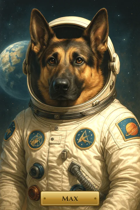 Max pet portrait in the The Astronaut style