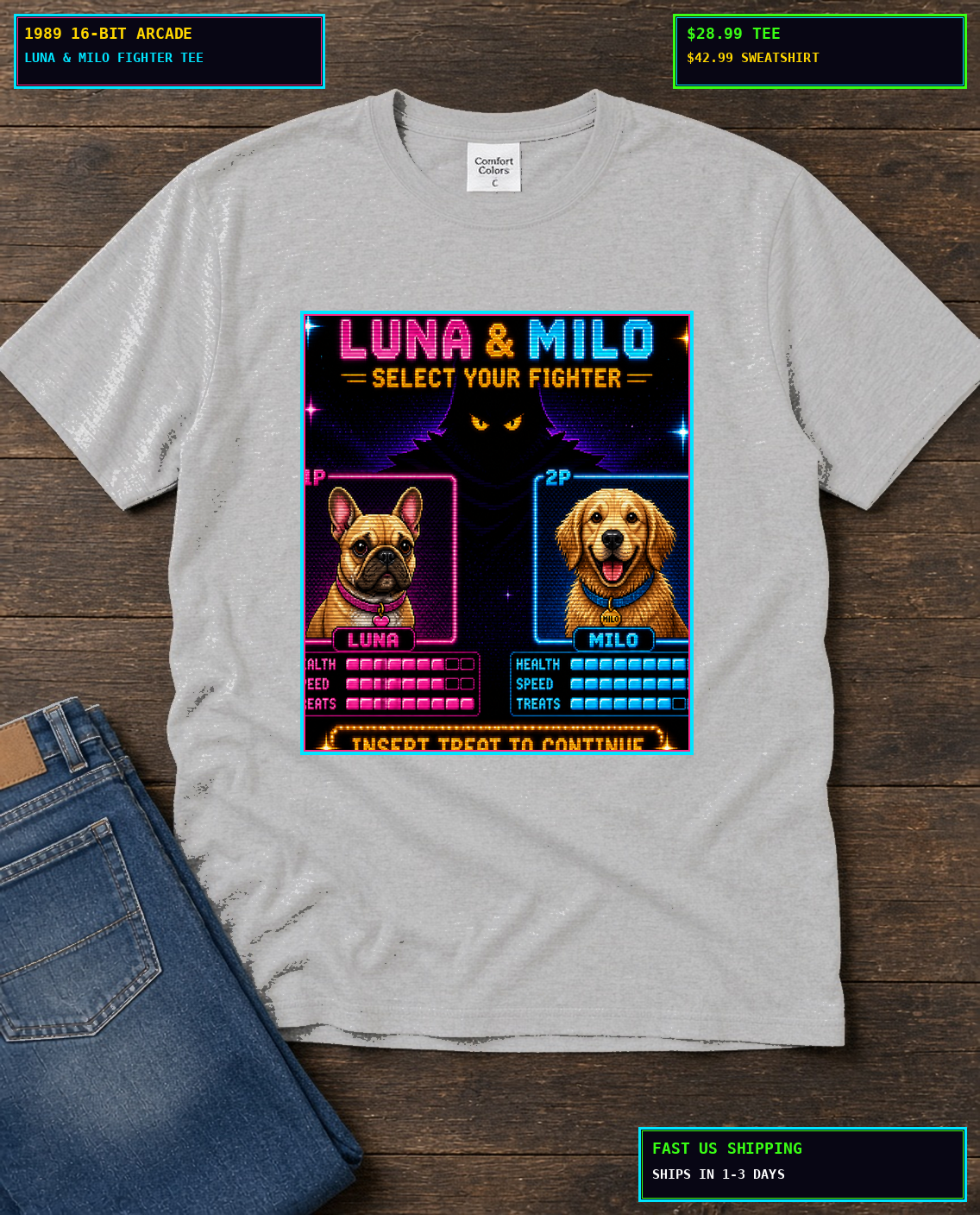 Custom Pet Portrait Shirt, Dog Mom Gift, Personalized Dog Name Tee, 80s 16-Bit Arcade Fighter Shirt, Comfort Colors 1717 Cotton Shirt