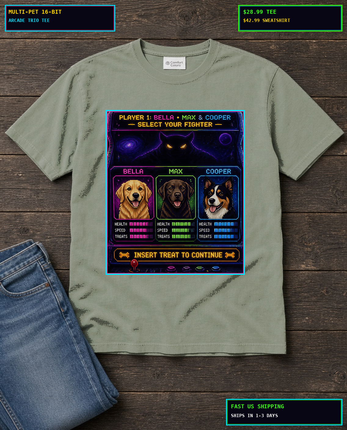 Custom Pet Portrait Shirt, Personalized Dog Photo Tee, Dog Mom Gift, 16-Bit Arcade Multi Pet Shirt, Comfort Colors 1717 Heavyweight Tee