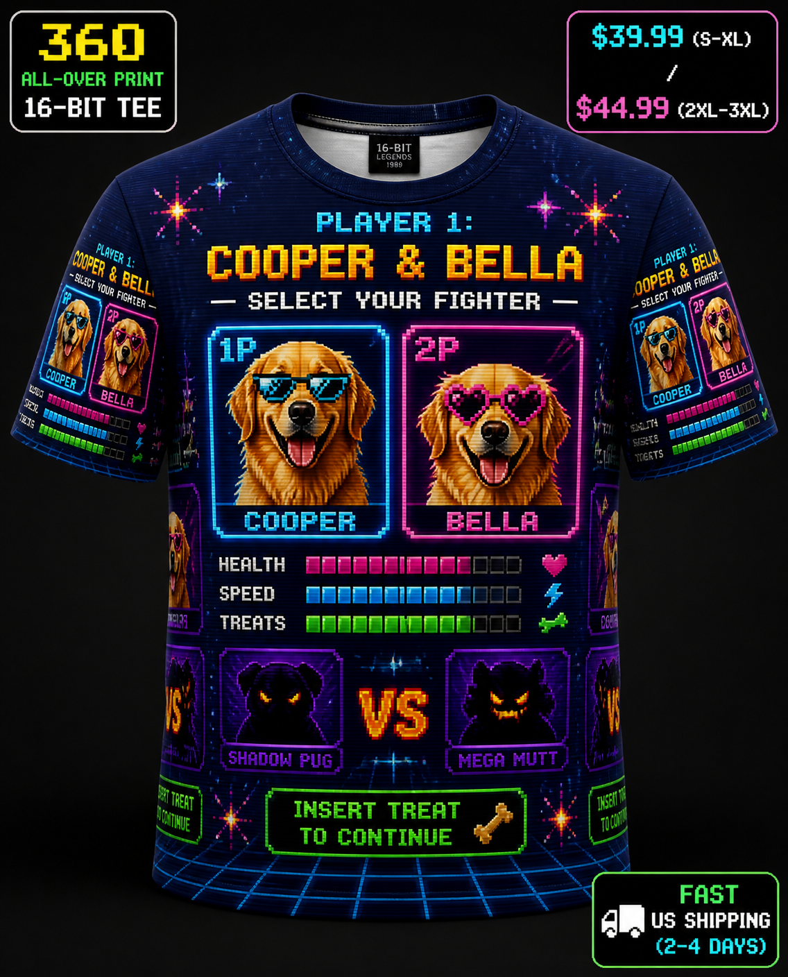 Custom Pet Portrait 360° All-Over Print 16-Bit Arcade Tee, Personalized Dog Photo Sublimation Shirt, Dog Mom Gift