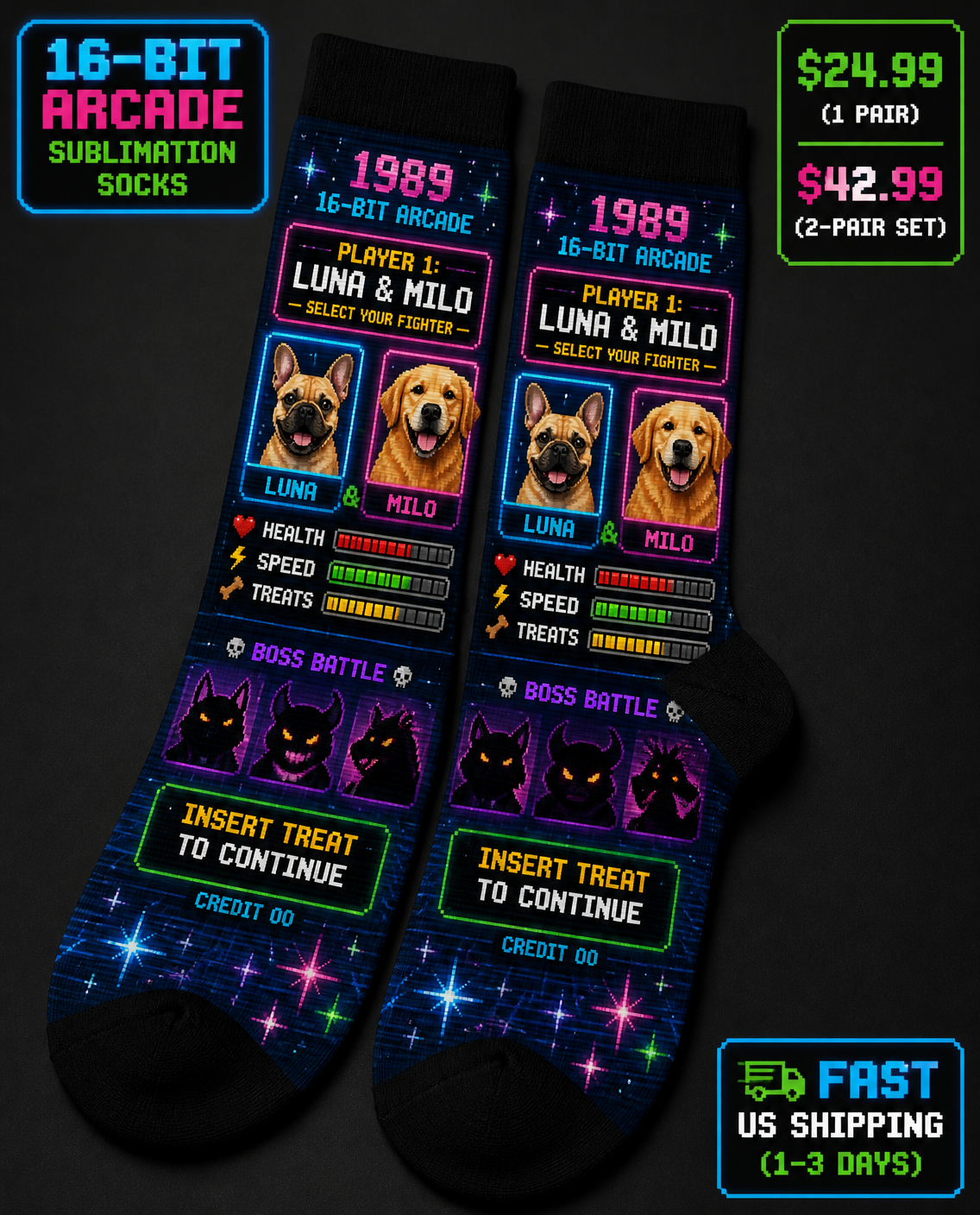 Custom Pet Face and Name 16-Bit Arcade Crew Socks From Your Photo, Personalized Dog Photo Socks Stocking Stuffer