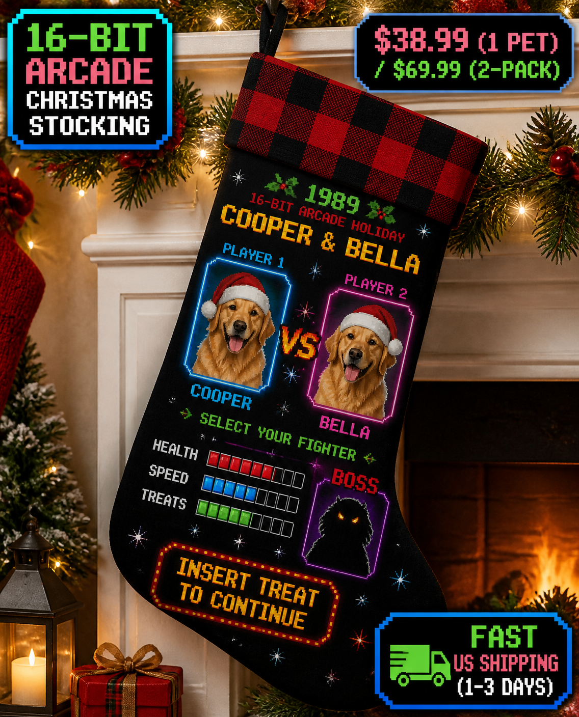 Custom Pet Christmas Stocking, Personalized Dog Portrait Stocking, Dog Mom Holiday Gift, 16-Bit Arcade Pet Name Buffalo Plaid Stocking