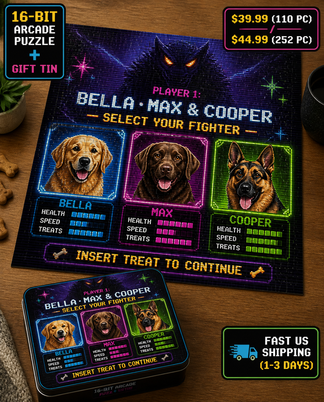 Custom Pet Portrait 16-Bit Arcade Boss Battle Jigsaw Puzzle and Keepsake Tin, Personalized Dog Photo Puzzle Gift