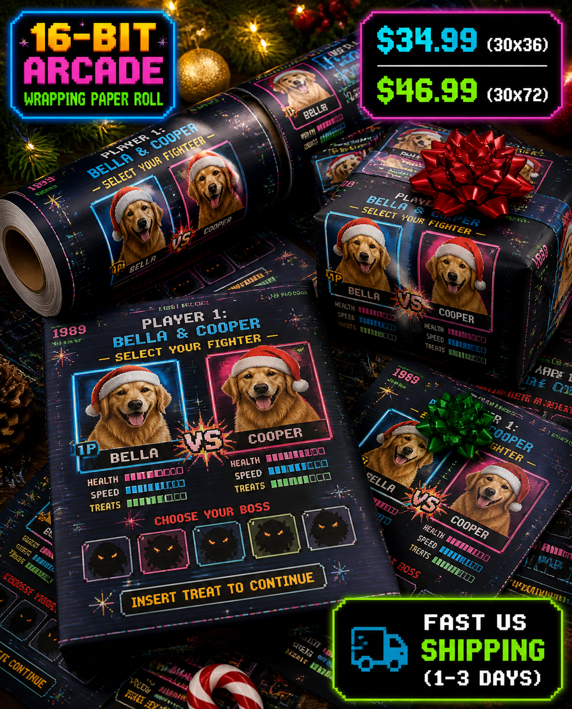 Custom Pet Face and Name Happy Pawlidays 16-Bit Arcade Christmas Wrapping Paper, 90 gsm Fine Art Satin Gift Wrap Roll