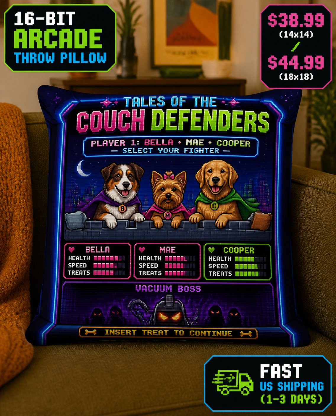 Custom Pet Portrait Tales of the Couch Defenders 16-Bit Arcade Throw Pillow with Insert, Personalized Dog Photo Couch Cushion