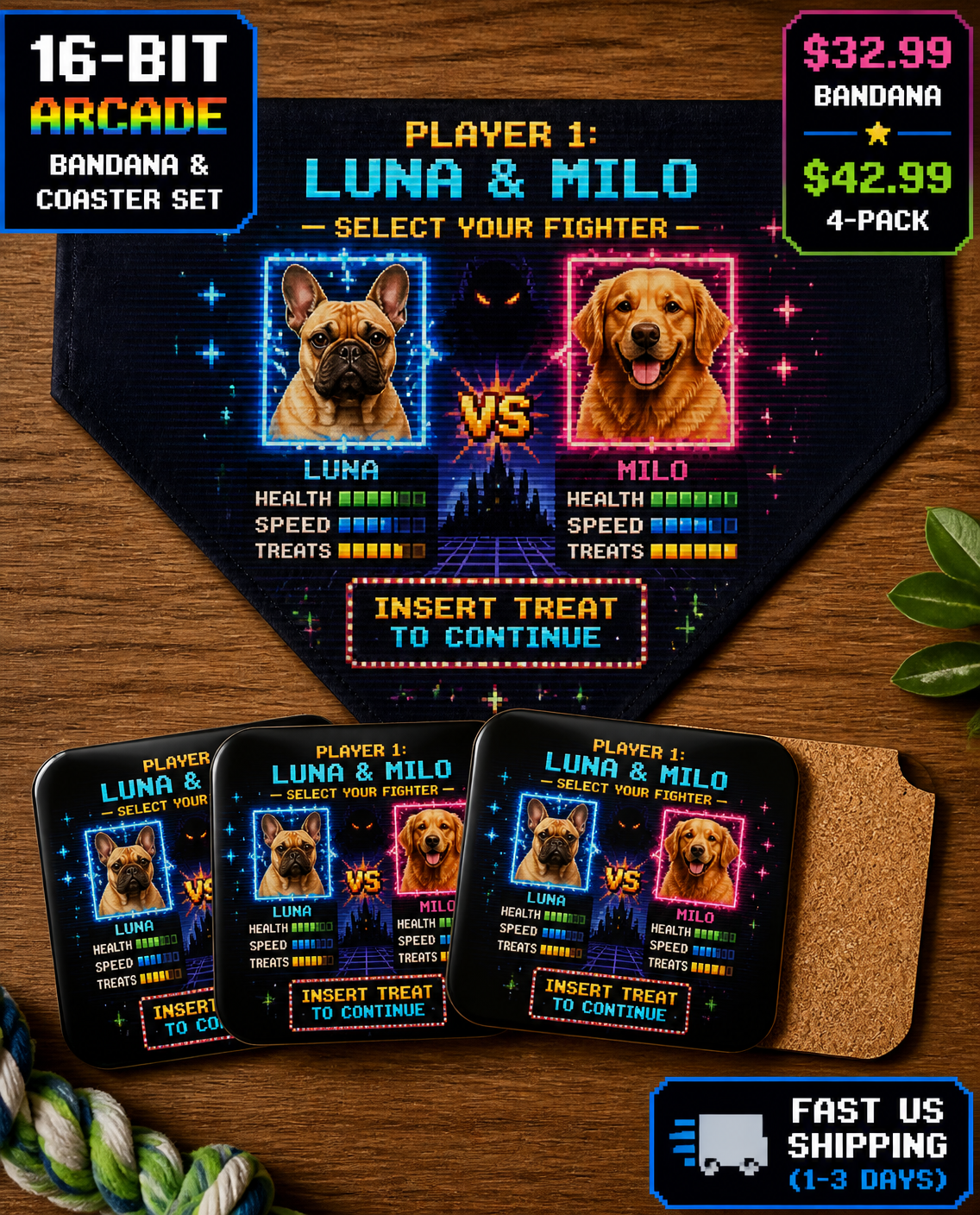 Custom Pet Portrait Over-the-Collar Dog Bandana and 4 Cork Coasters Gift Bundle, Personalized Dog Mom Gift Set